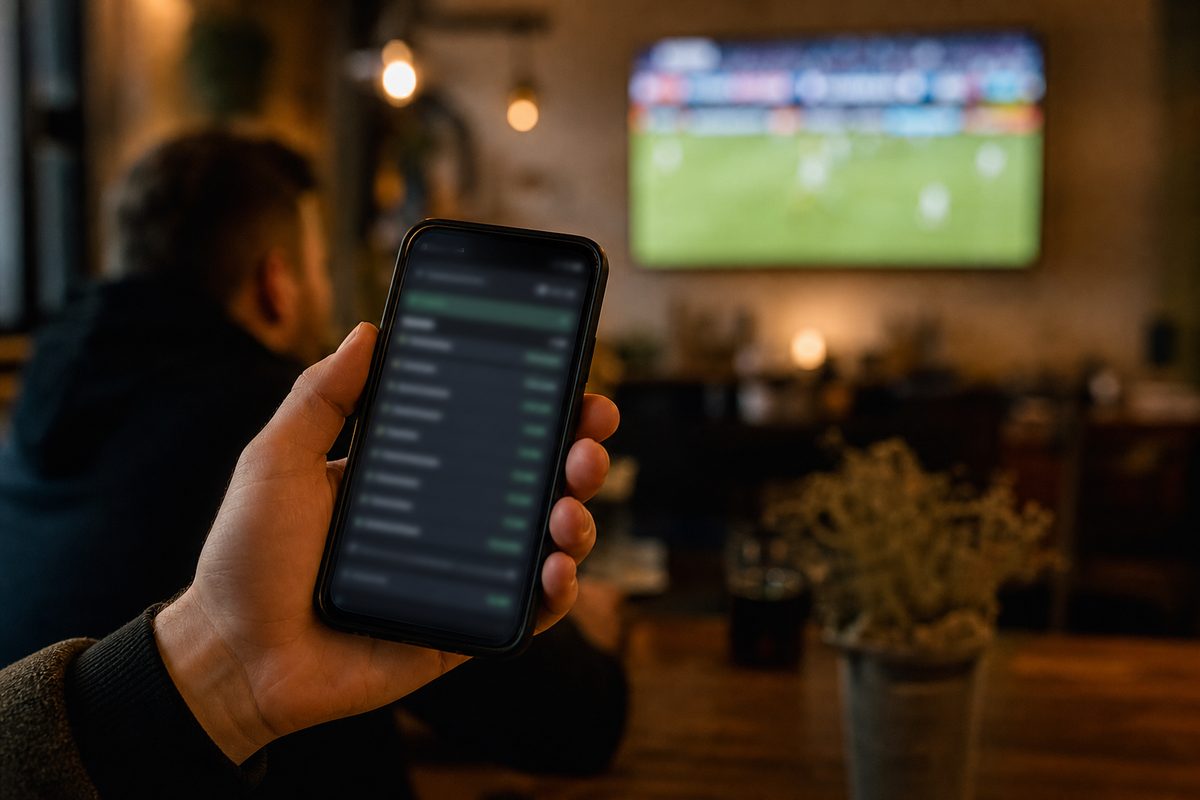 Mężczyźni oglądający mecz piłki nożnej w telewizji, jeden trzyma telefon z kuponem AKO