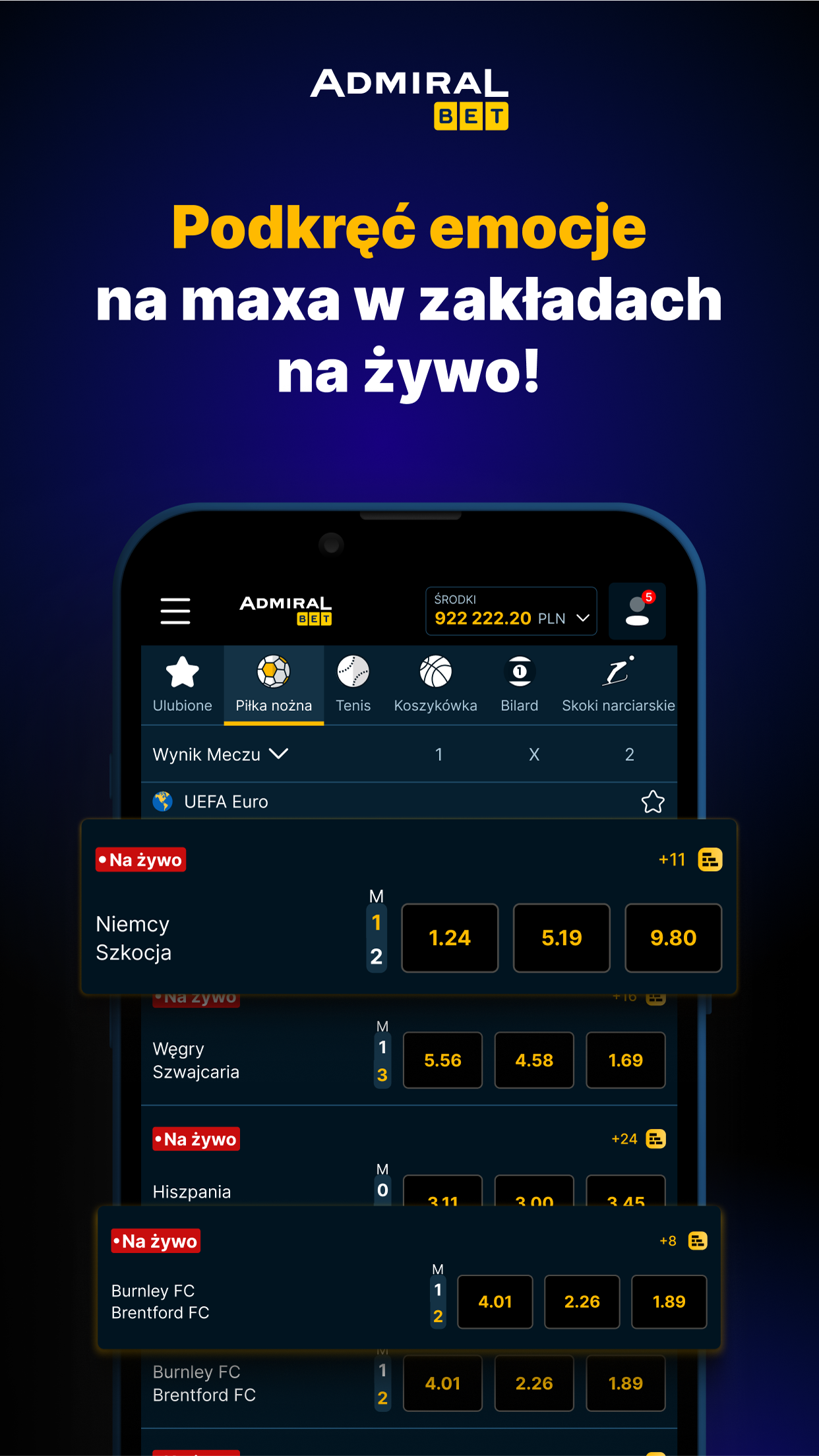 Aplikacja mobilna AdmiralBet – zakłady na żywo z kursami i zakładkami dyscyplin