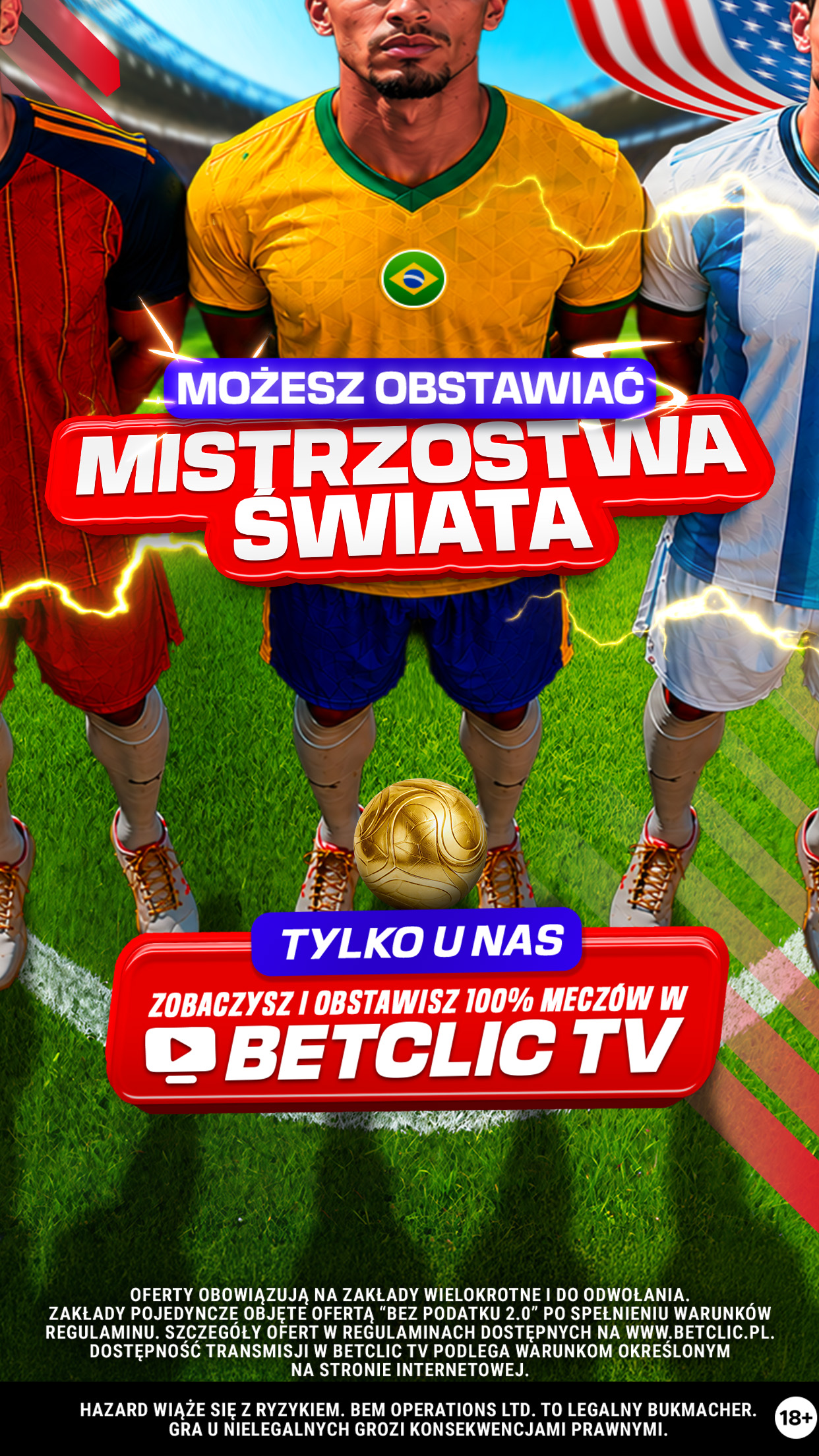 Aplikacja mobilna Betclic – ekran powitalny z ofertą Mistrzostw Świata i Betclic TV