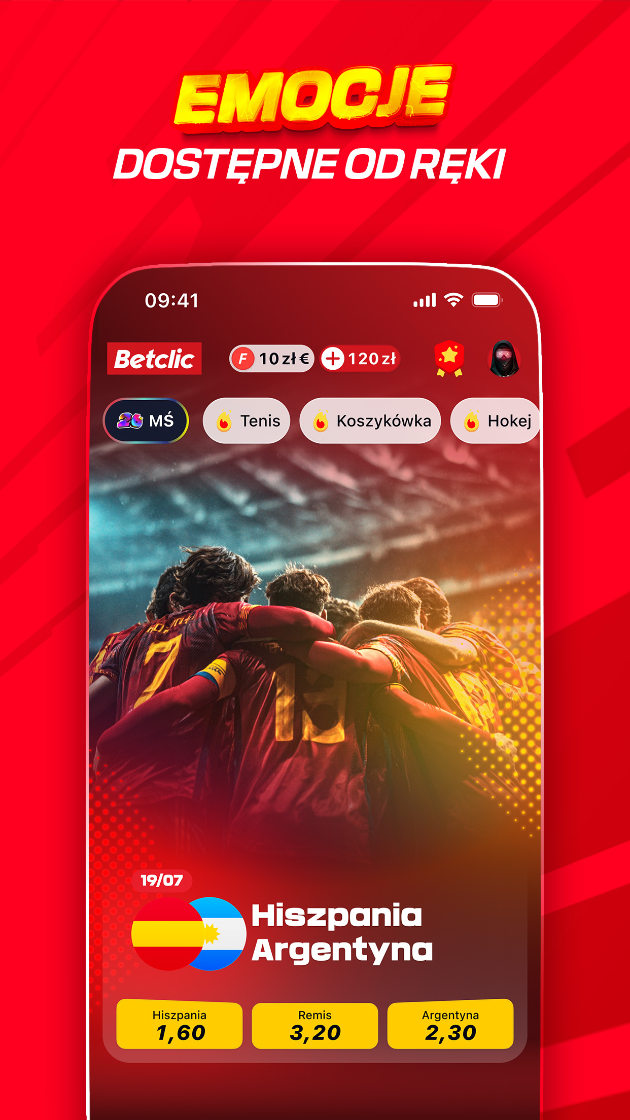 Aplikacja mobilna Betclic – ekran główny z kursami na mecz i zakładkami dyscyplin