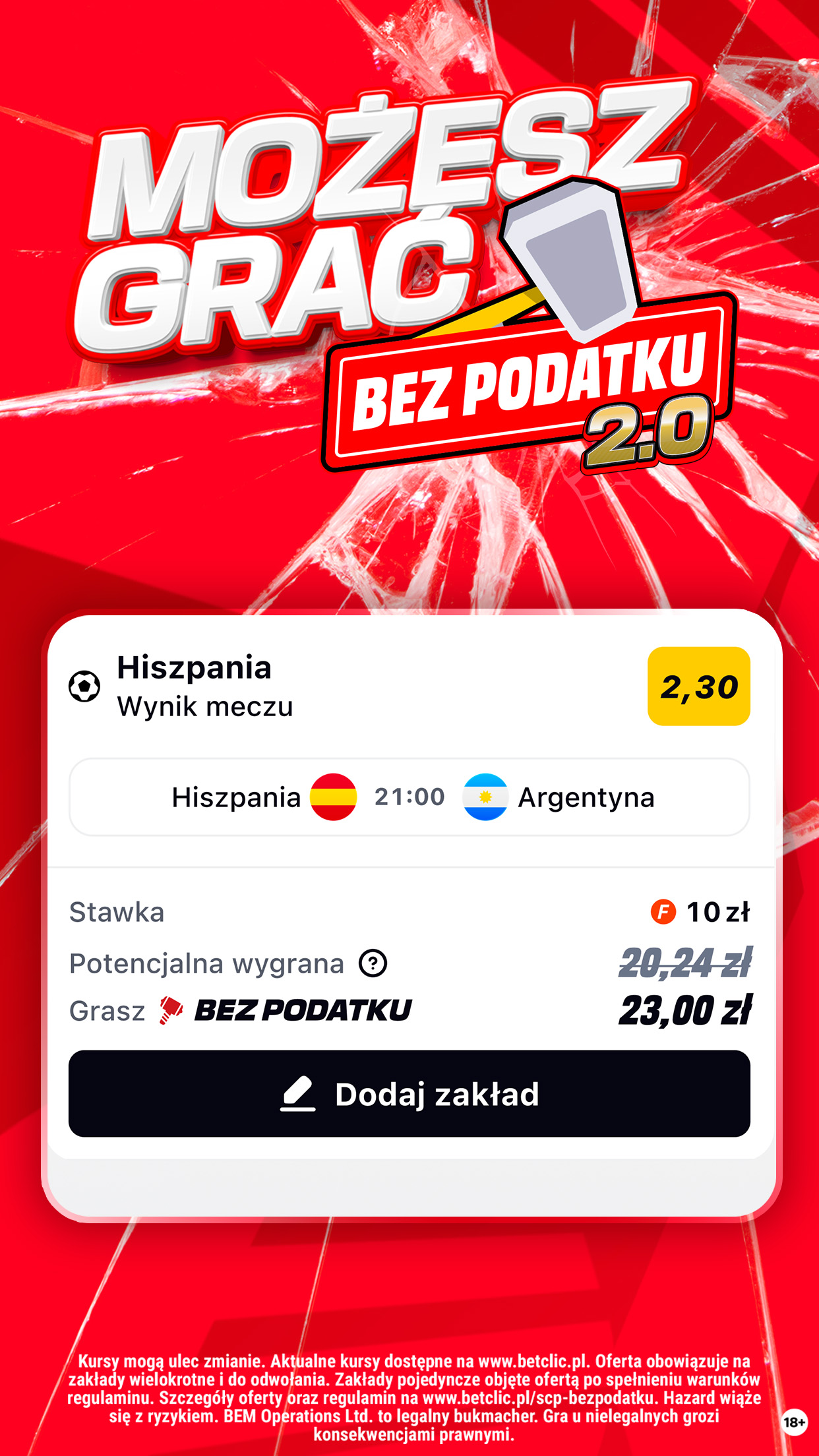 Aplikacja mobilna Betclic – kupon z zakładem bez podatku i potencjalną wygraną