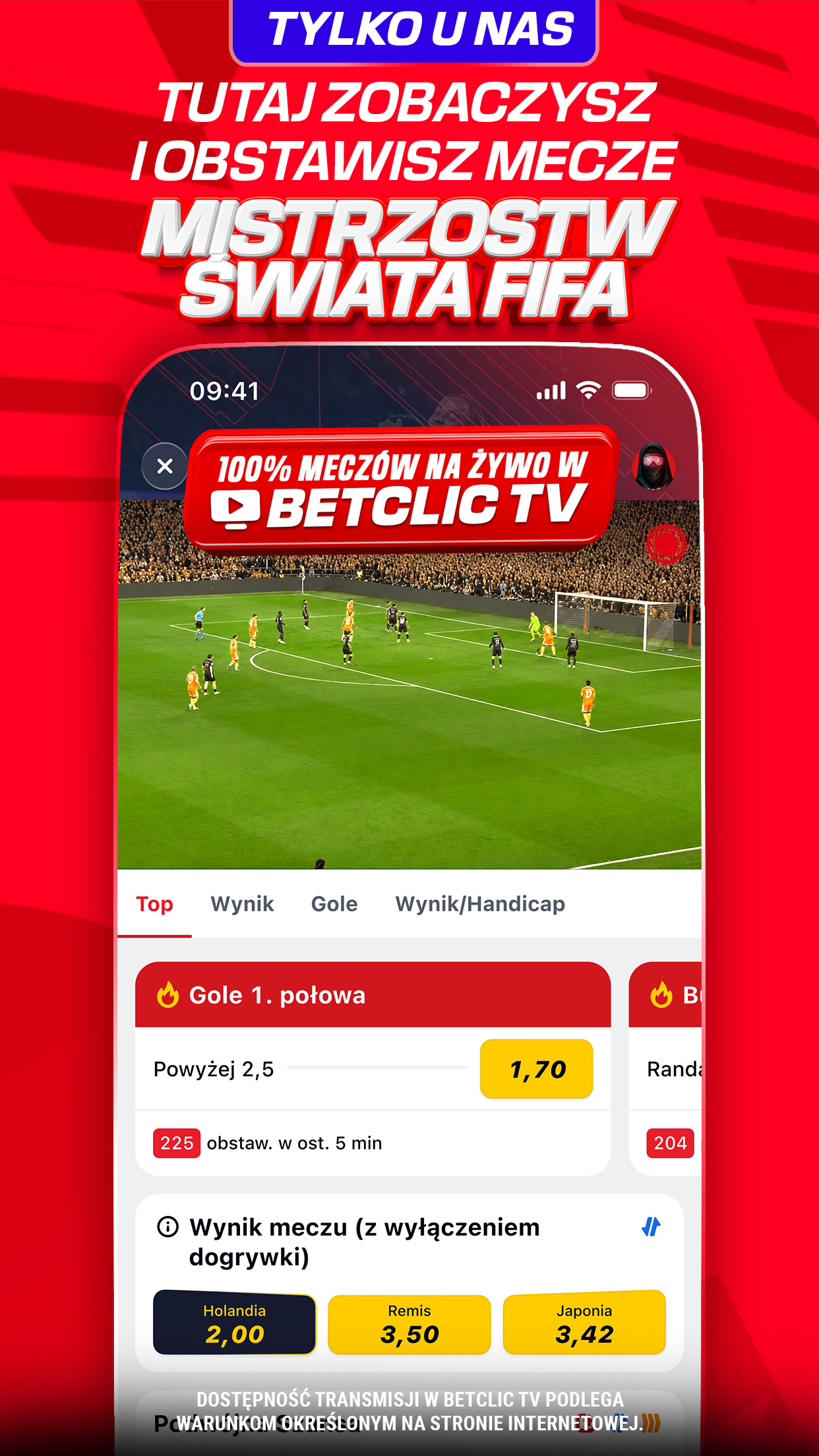 Aplikacja mobilna Betclic – transmisja live meczu w Betclic TV z rynkami zakładów