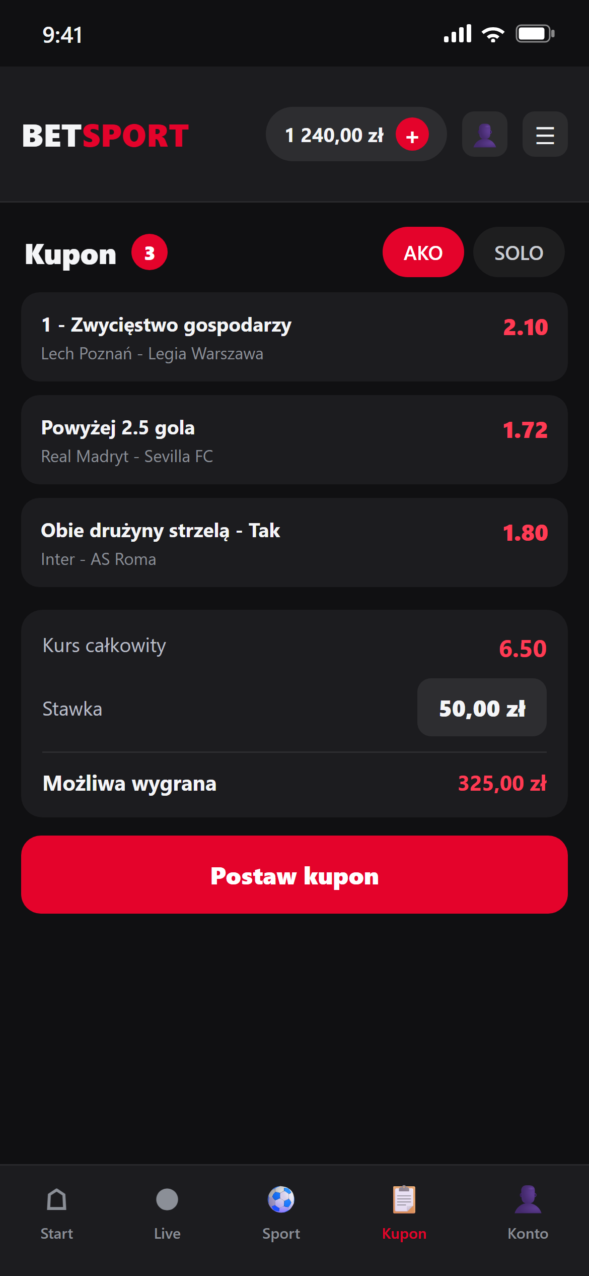 Aplikacja mobilna Betsport – kupon i funkcja Edytuj zakład