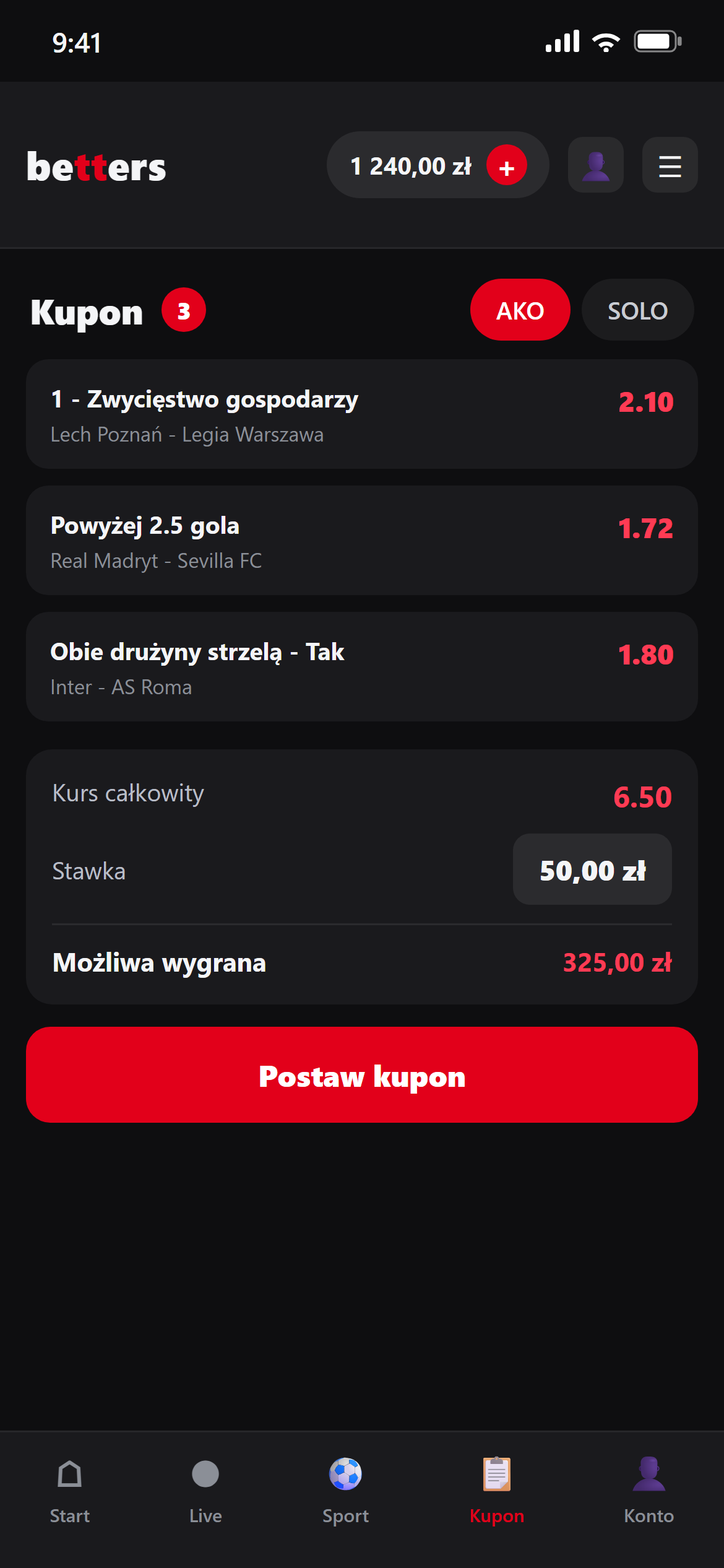 Aplikacja mobilna Betters – kupon i dodawanie zdarzeń