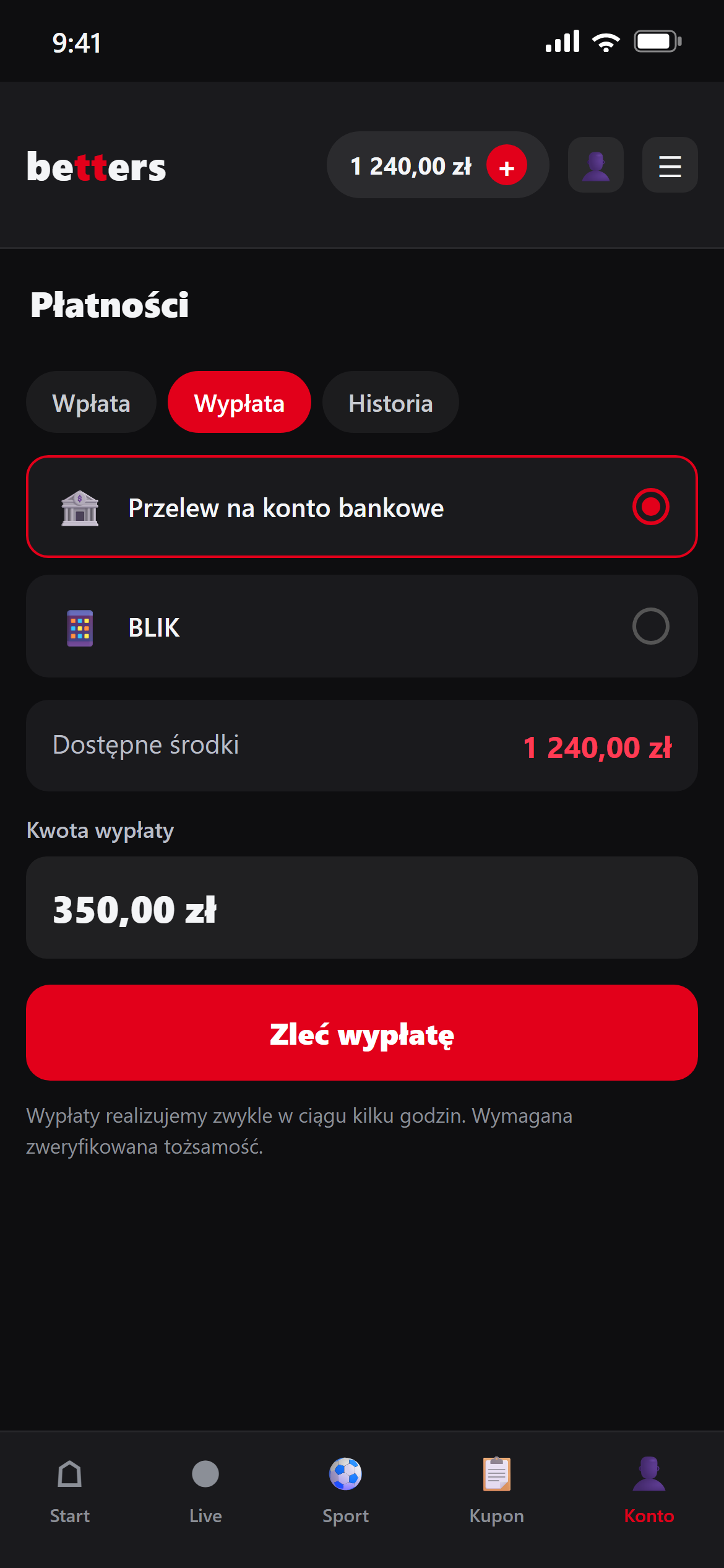 Aplikacja mobilna Betters – wypłata środków przez Przelewy24