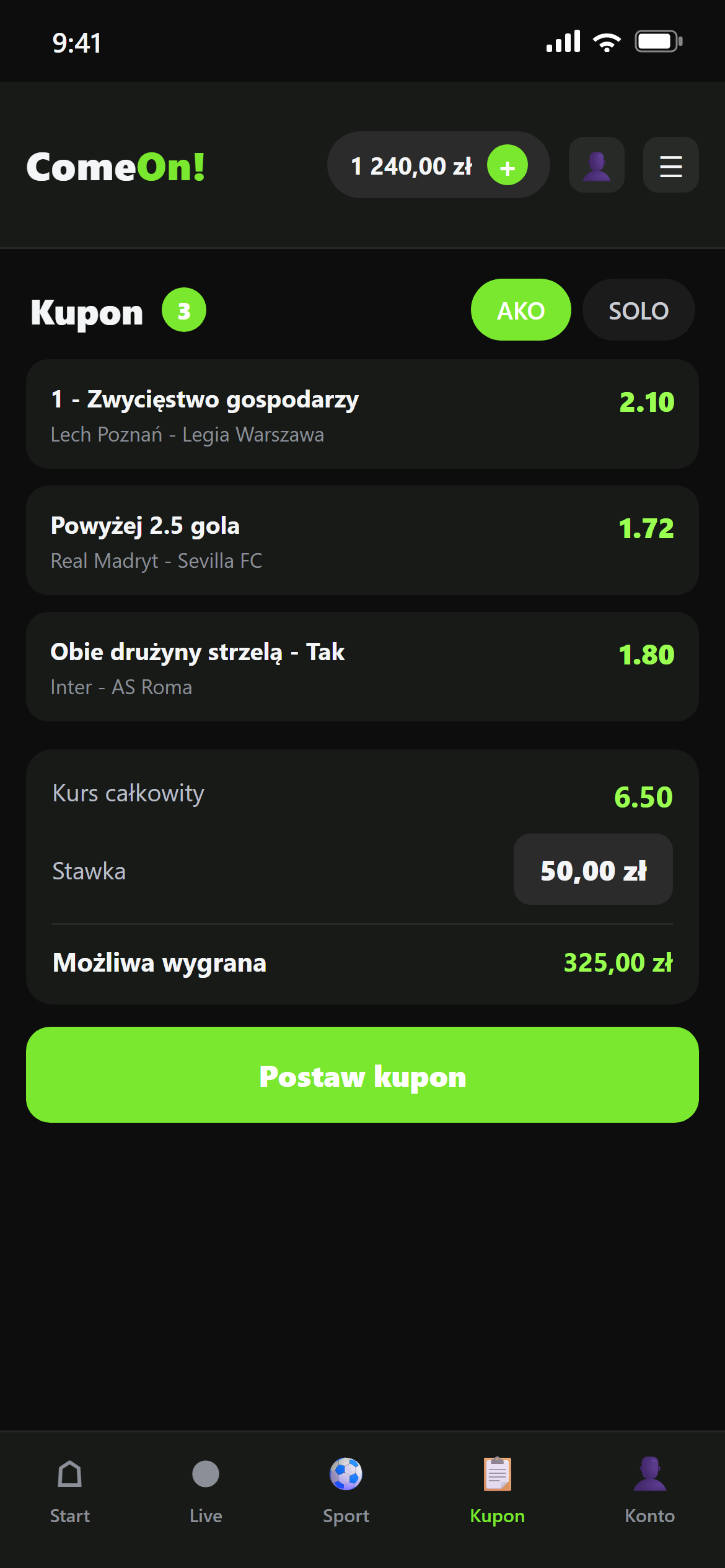 Aplikacja mobilna ComeOn – kupon i dodawanie zdarzeń
