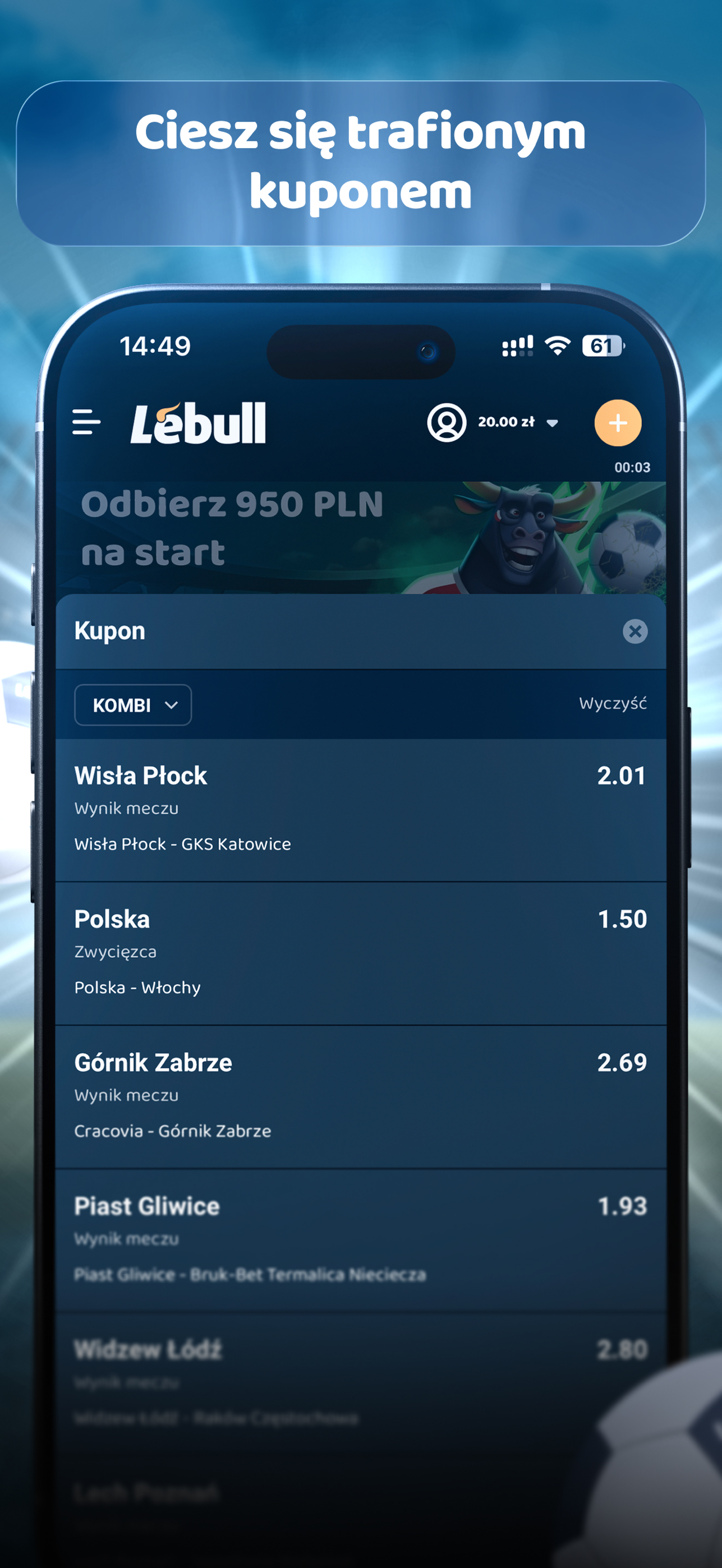 Aplikacja mobilna Lebull – sekcja zakładów i promocji