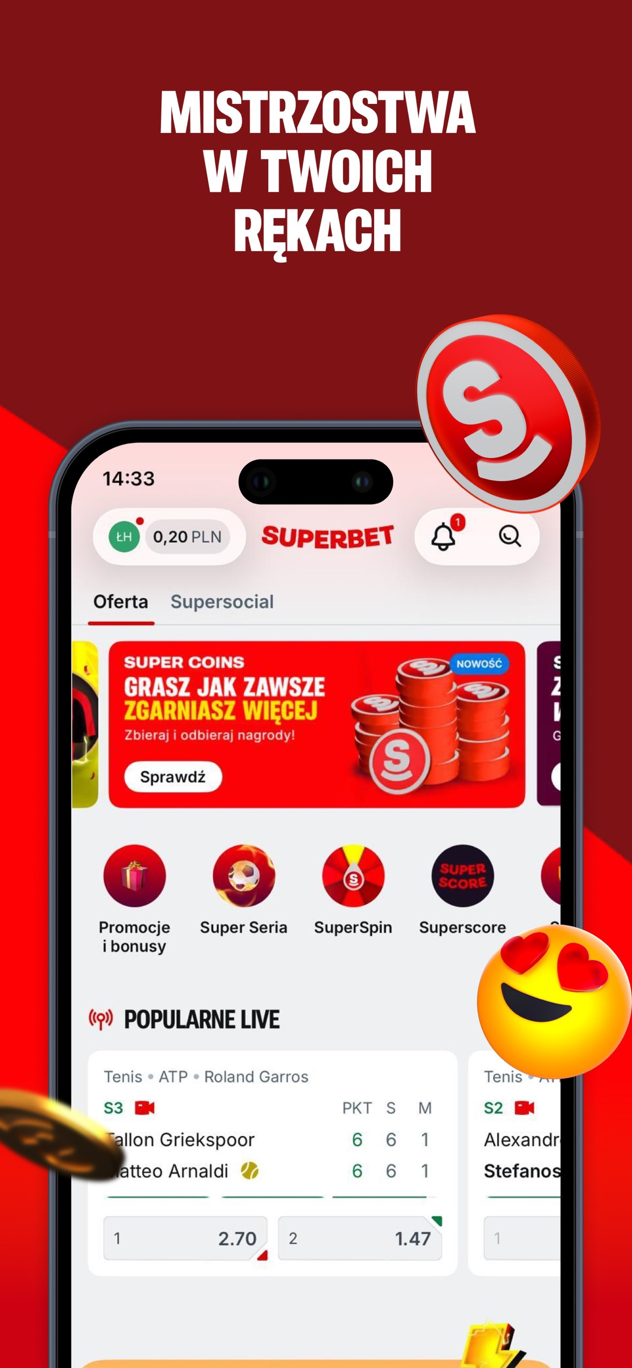 Aplikacja mobilna Superbet – ekran główny z sekcją Popularne Live i grą Super Spin