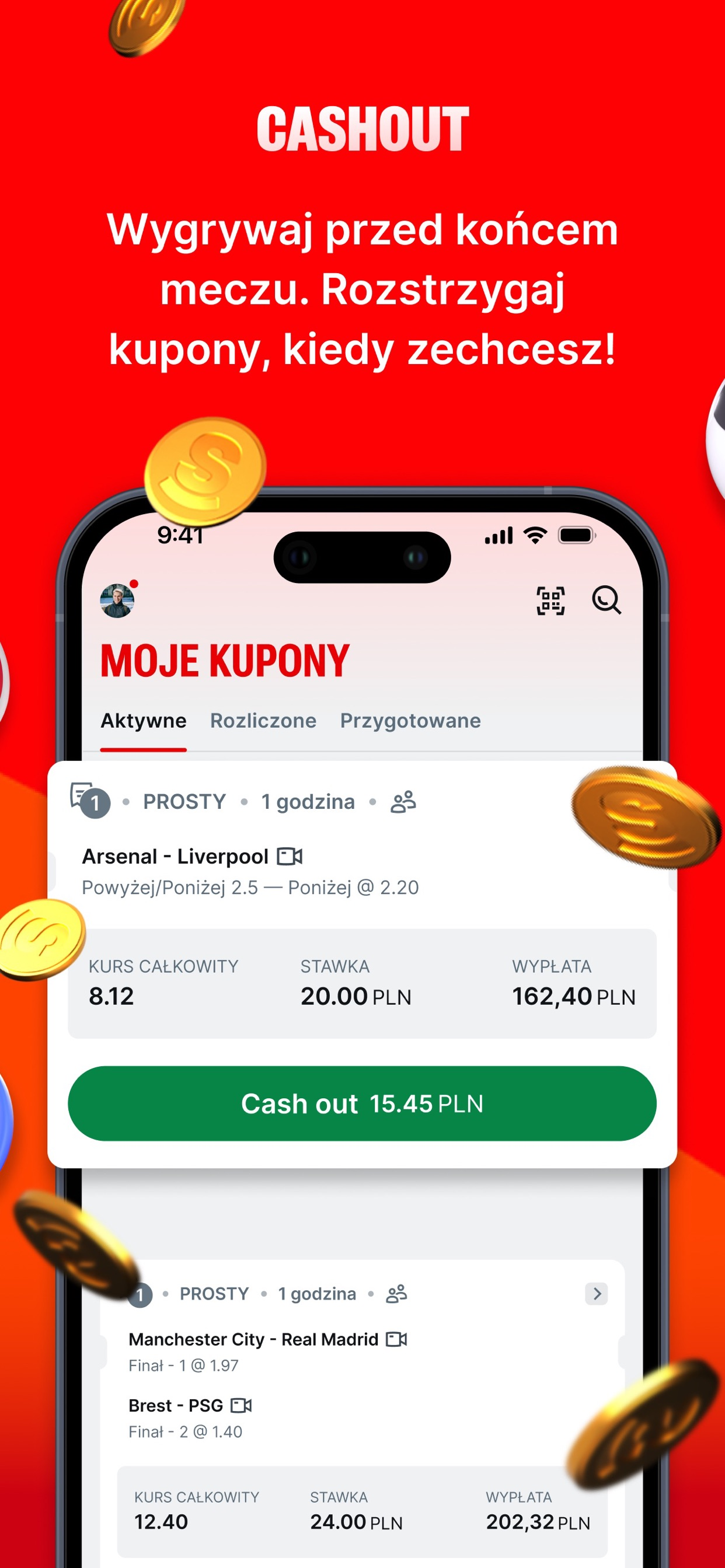 Aplikacja mobilna Superbet – cashout w czasie rzeczywistym na ekranie Moje kupony