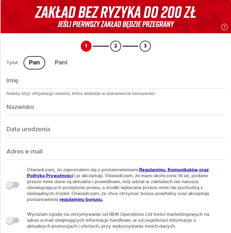 Zakłąd bez ryzyka 200 zł w Betclic - rejestracja krok 1. Opis Bukmacherzy.com