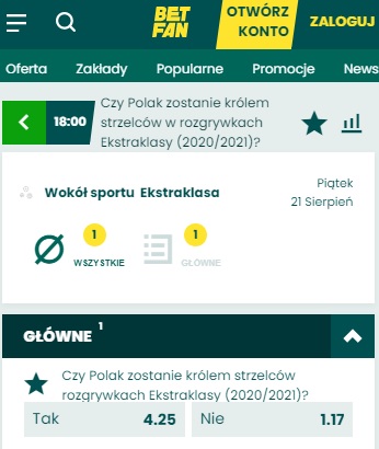 Zakład w Betfan.pl - Czy Polak zostanie królem strzelców w Ekstraklasie 2020/2021?