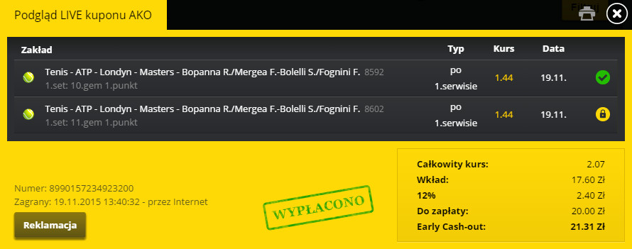 Kupon po zamknięciu przez CashOut w Fortuna