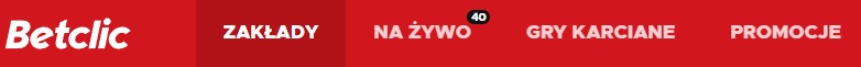 Górne menu bukmachera w Betclic.pl - wybór zakłady bukmacherskie, zakłady na żywo, gry karciane, promocje w Betclic.pl