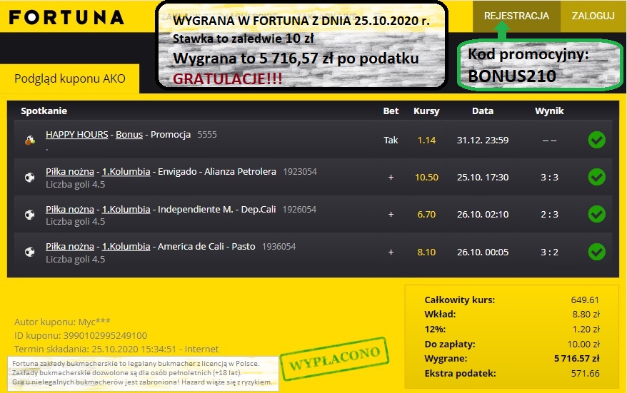 Wygrany kupon i zakład w Fortuna z dnia 25.10.2020 w Bukmacherzy.com
