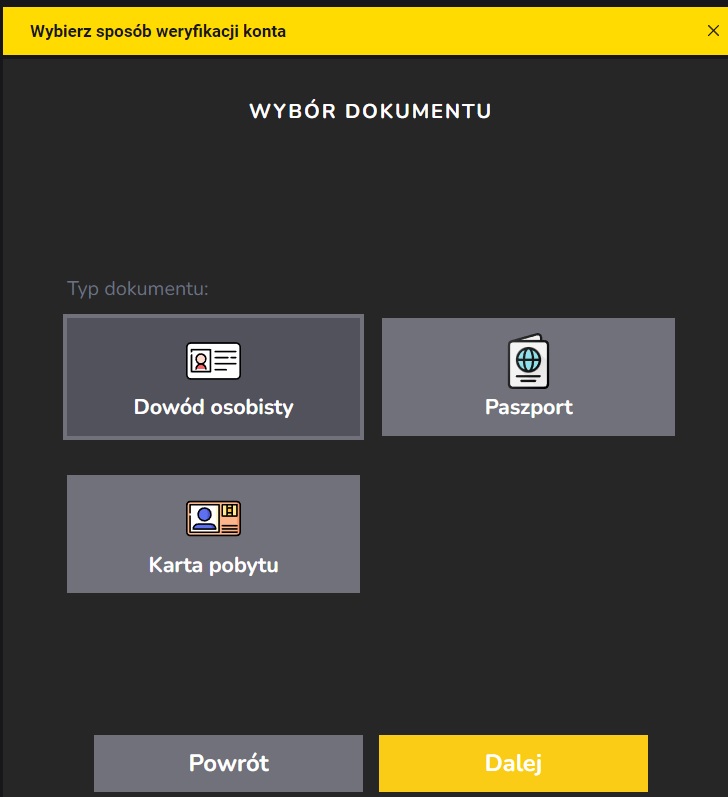 Weryfikacja konta - wybór dokumentu w Fortuna