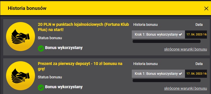 Otrzymane bonusy na START od Fortuna z kodem MAXOFERTA