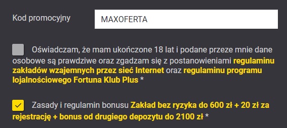 Kod bonusowy MAXOFERTA w Fortuna - legalny polski bukmacher