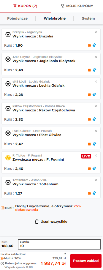 Kupon w Betclic z Multi+ - przykład