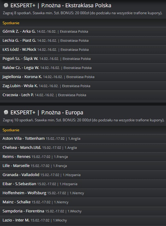 Typy Ekspert + Ekstrakalsa i piłka nożna Europa. Bonus w Fortuna 20 000 zł dla zwycięzcy,