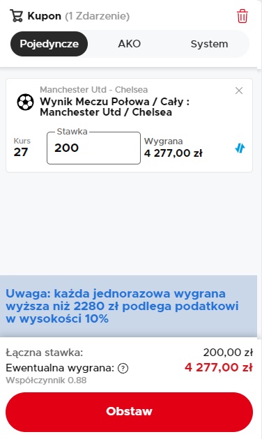 Kupon pojedynczy w Betclic.pl - przykład zakładu sportowego na stronie polskiego bukmachera