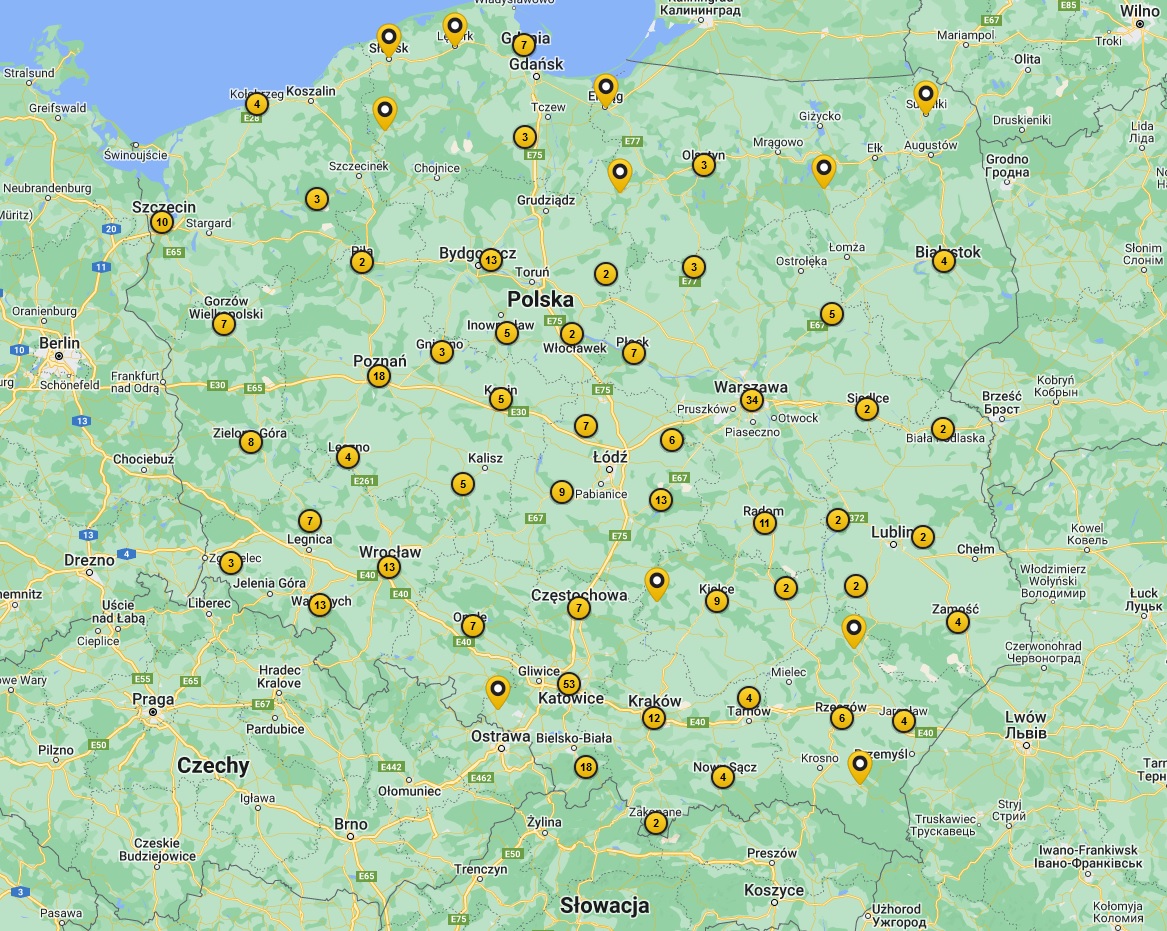 Mapa z lokalami firmy Fortuna - lokalny bukmacher Fortuna