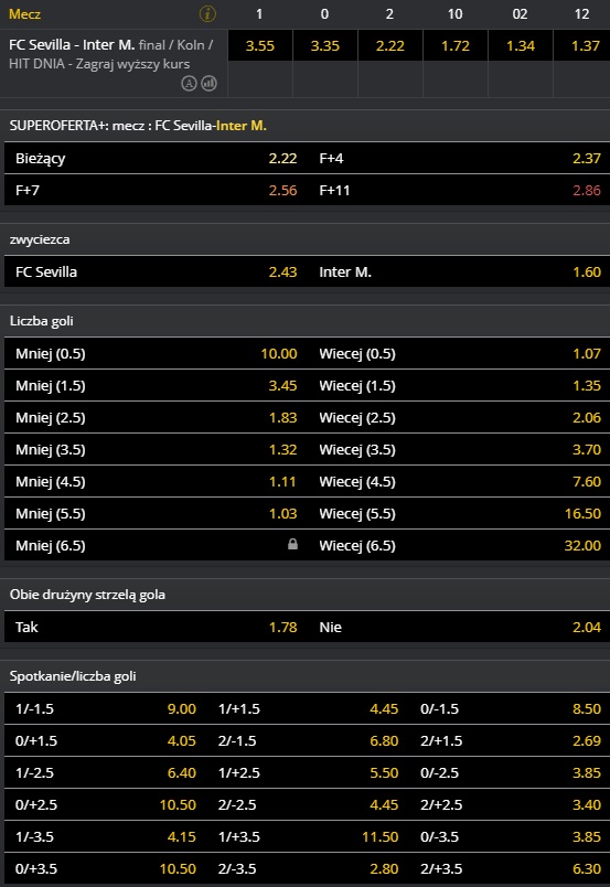 Kursy Sevilla - Inter Mediolan Fortuna - finał LE - 21.08.2020 - dla Bukmacherzy.com z eFortuna.pl