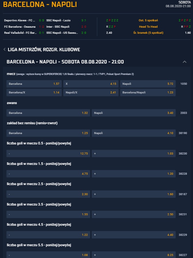 Oferta STS na mecz z LM: Barcelona - Napoli z dnia 8 sierpień 2020 godz. 21:00