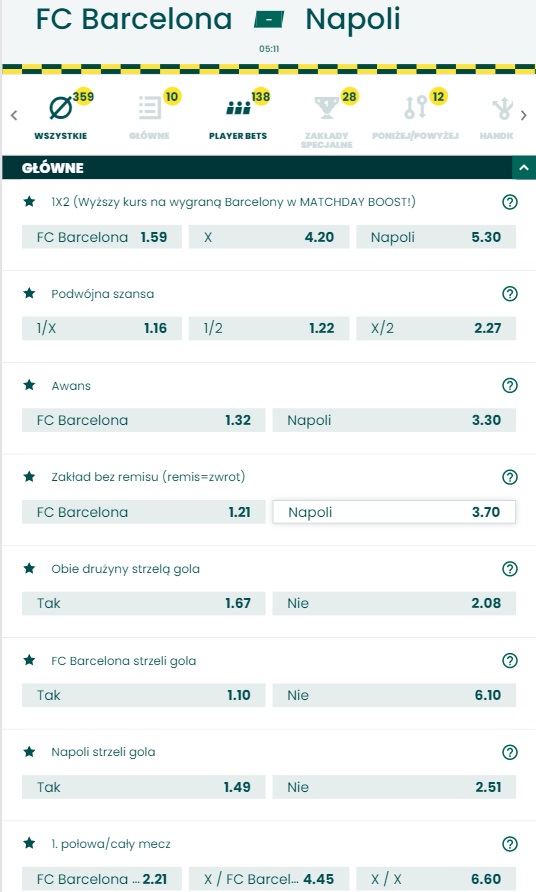 Oferta Betfan na mecz Barcelona - Napoli 08.08.2020 r. - Liga Mistrzów - Kursy bukmachera