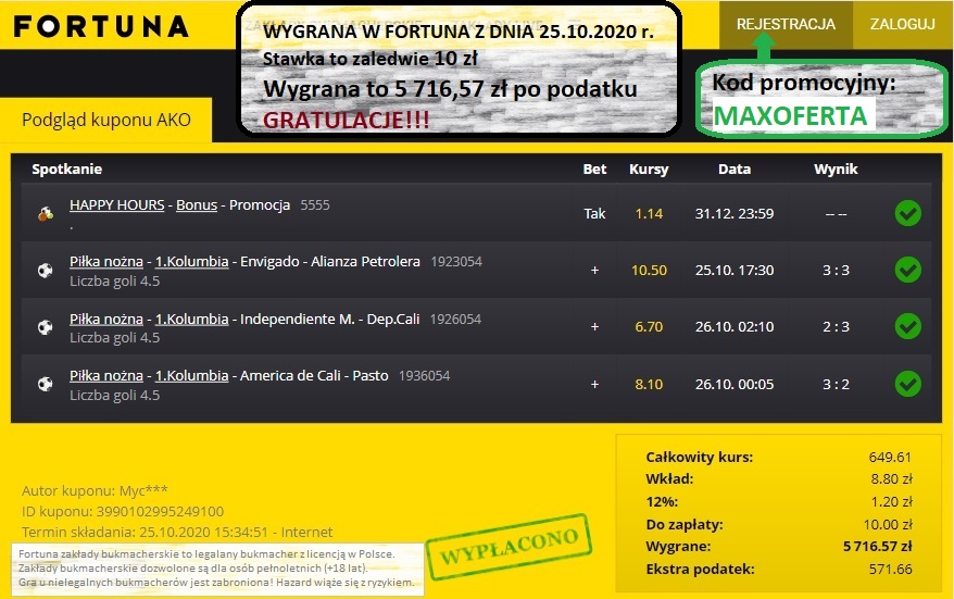 Wygrany kupon i zakład w Fortuna z dnia 25.10.2020 w Bukmacherzy.com