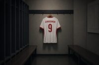 Koszulka reprezentacji Polski z opaską kapitańską w szatni piłkarskiej.
