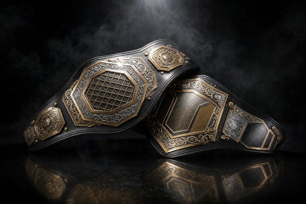 Dwa pasy mistrzowskie UFC leżące skrzyżowane w dramatycznym oświetleniu.