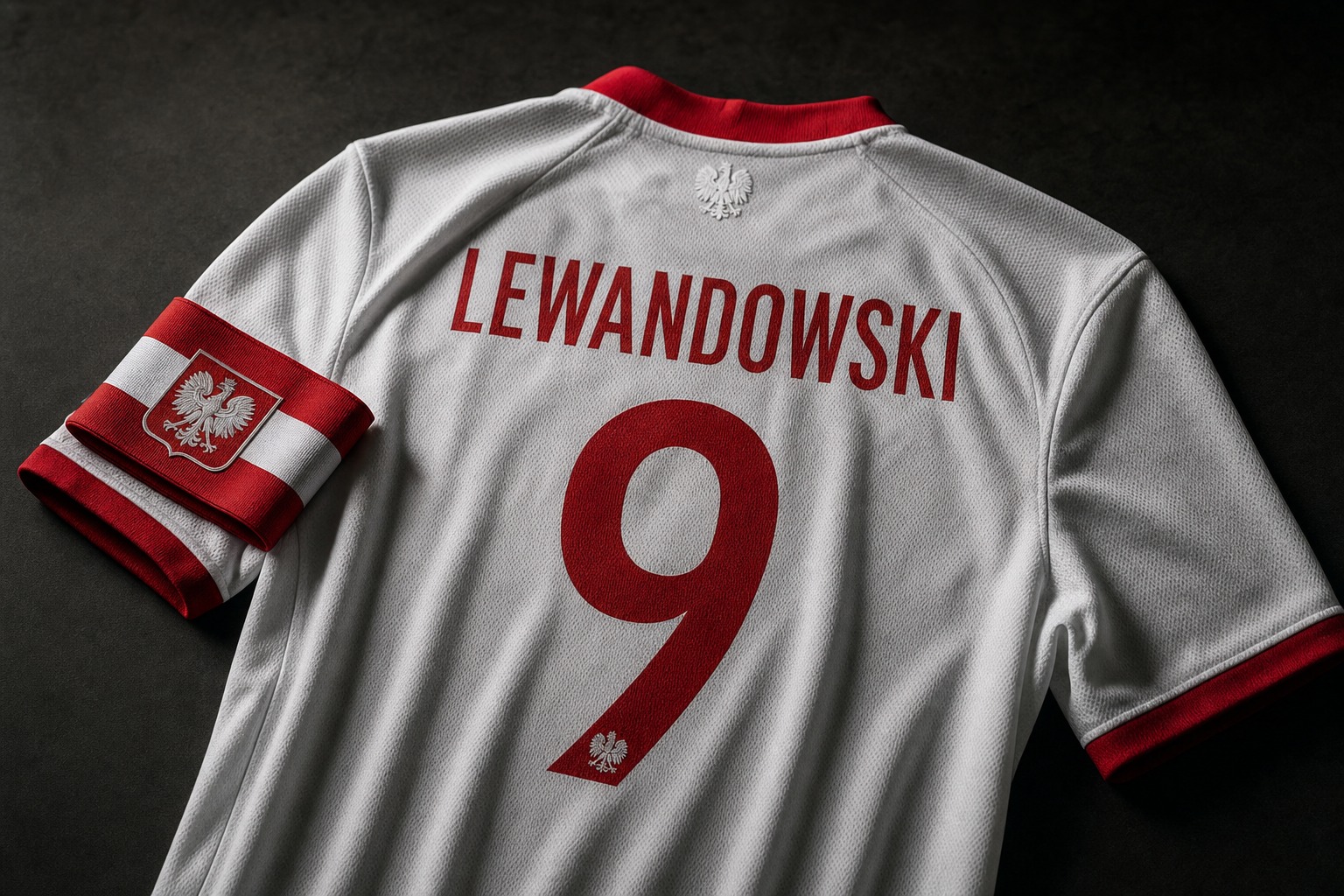 Biało-czerwona opaska kapitańska i orzełek reprezentacji Polski na koszulce piłkarskiej.