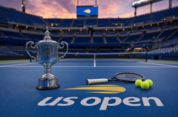 Puchar US Open ustawiony na korcie tenisowym.