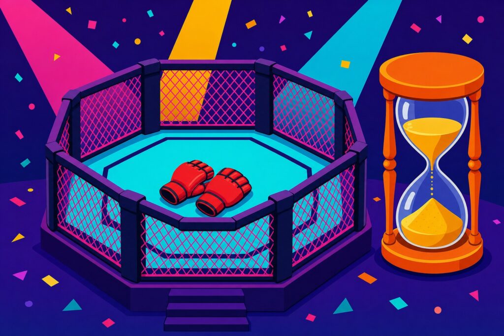 Kolorowa ilustracja wektorowa: rękawice MMA w klatce oktagonu i klepsydra obok, symbol oczekiwania Mameda Khalidova na walkę w KSW.