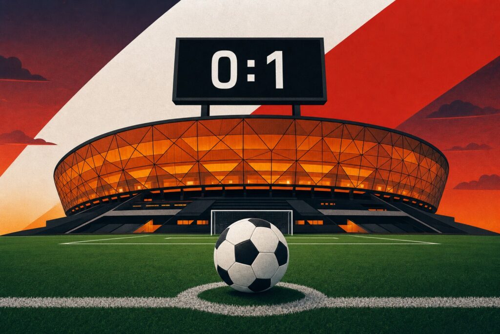 Ilustracja: piłka na punkcie karnym, w tle stadion o bursztynowej fasadzie i tablica z wynikiem 0:1.