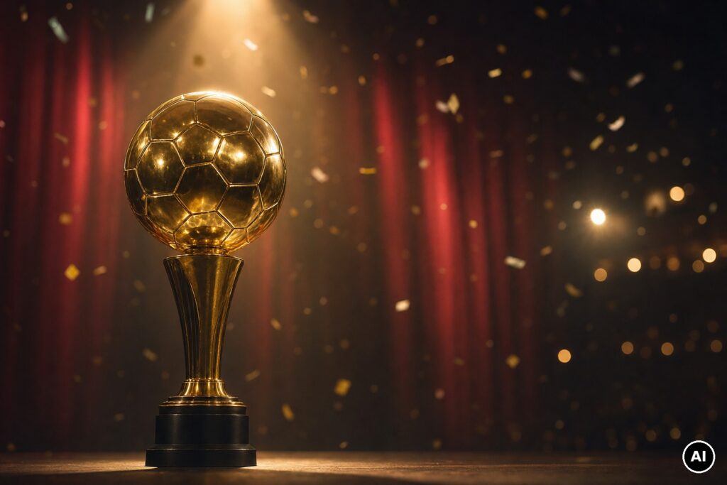 Obraz wygenerowany przez AI: złote trofeum w kształcie piłki na scenie teatru, w świetle reflektora, na tle czerwonej kurtyny i spadającego konfetti.