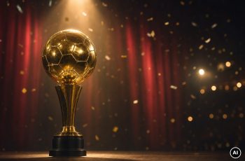 Obraz wygenerowany przez AI: złote trofeum w kształcie piłki na scenie teatru, w świetle reflektora, na tle czerwonej kurtyny i spadającego konfetti.